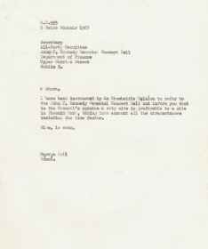 Letter from Mervyn Wall, Secretary of the Arts Council to Secretary of the All-Party Committee John F. Kennedy Memorial Concert Hall. 